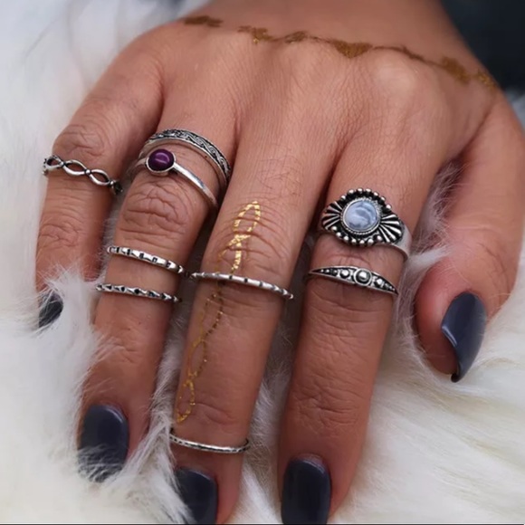 SOLD 9 piece Silver & Purple Stone Midi Rings - Picture 5 of 7